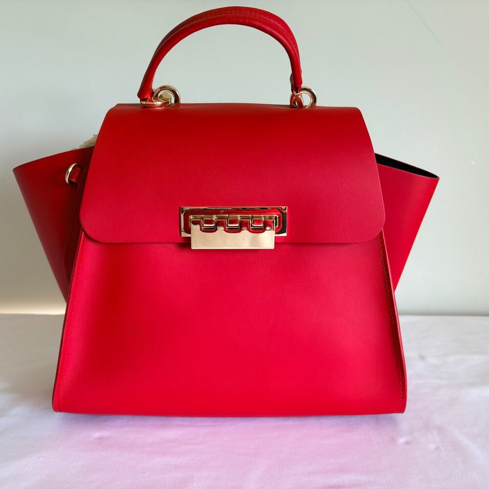 ZAC Zac Posen Red Leather Eartha Iconic Top Handle Bag Crossbody Gold Hardware